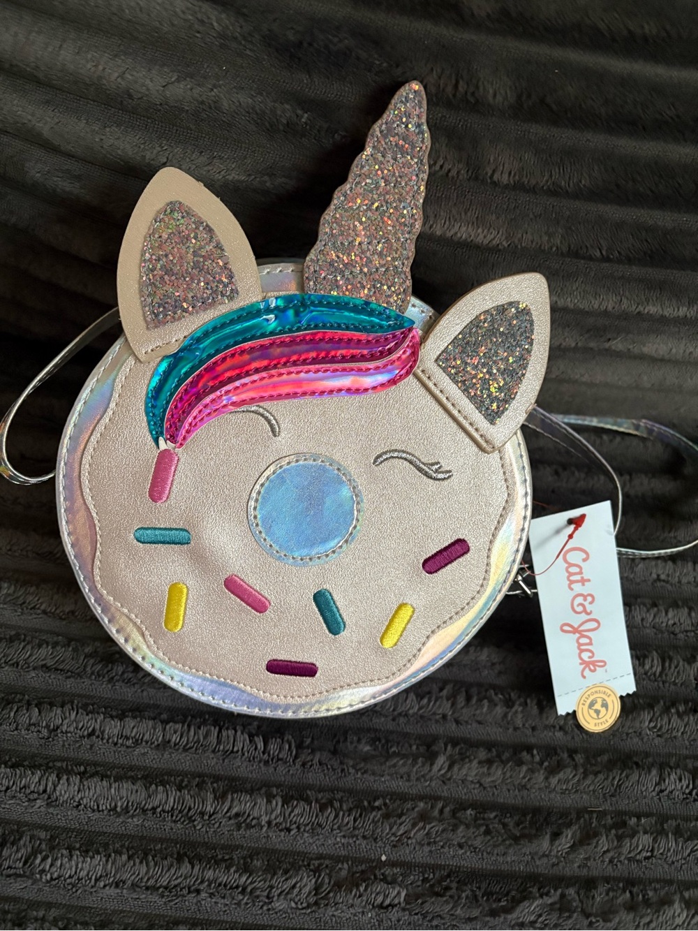 a new day Metallic Pink Unicorn Donut Crossbody Bag with Rainbow Mane